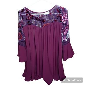 Altar'd‎ State Dress Medium Wine Red Paisley Velvet Yoke Long Bell Sleeve Boho